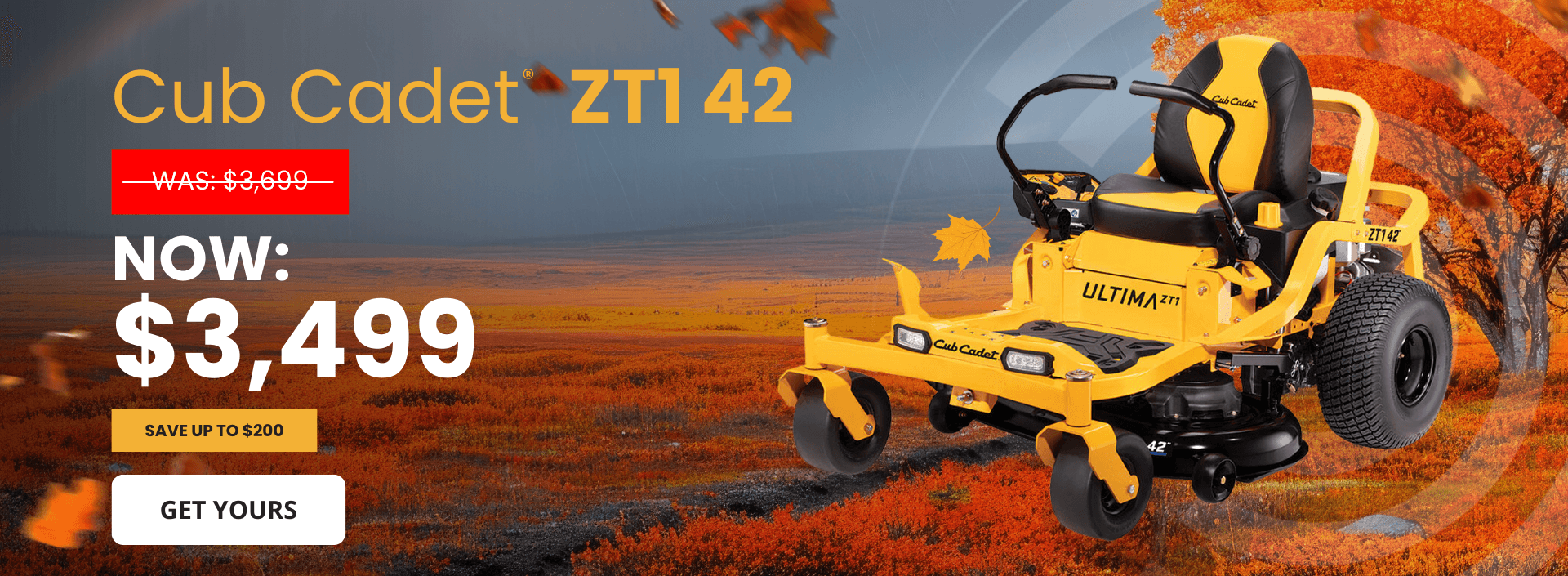 Cub Cadet ZT1 42 Ultima Series zero-turn mower with fall promotion discount banner.