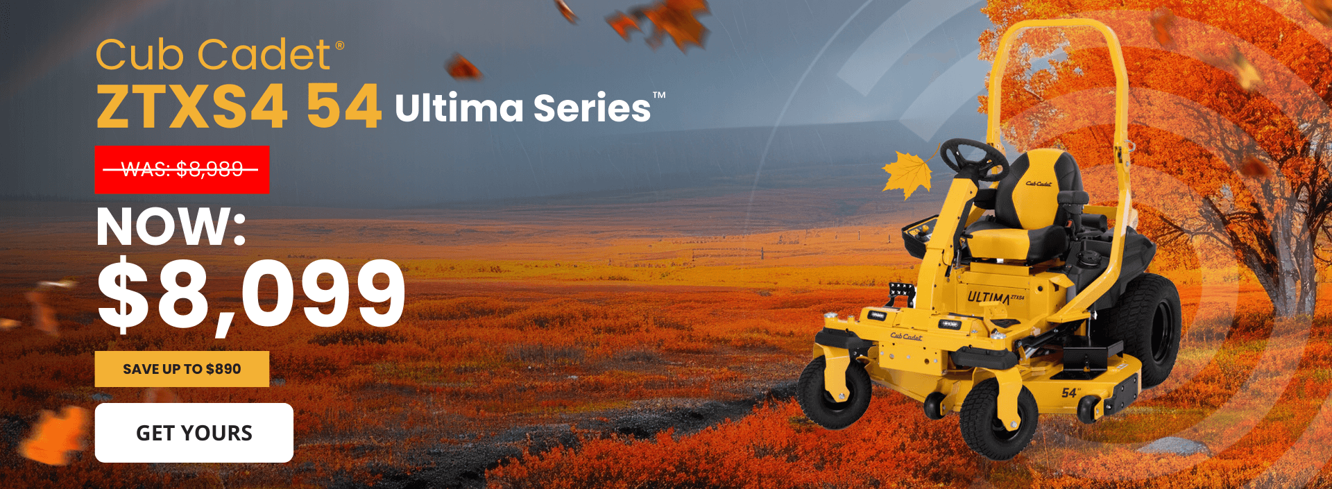 Cub Cadet ZTXS4 54 Ultima Series zero-turn mower displayed with autumn leaves and discount banner.