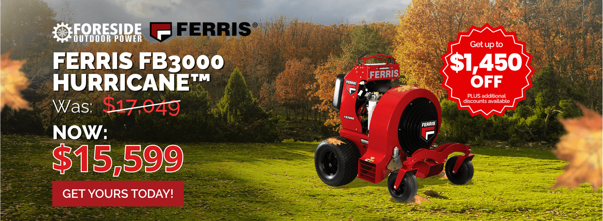 Ferris FB3000 Hurricane stand-on leaf blower on fall promotion at Foreside Outdoor Power