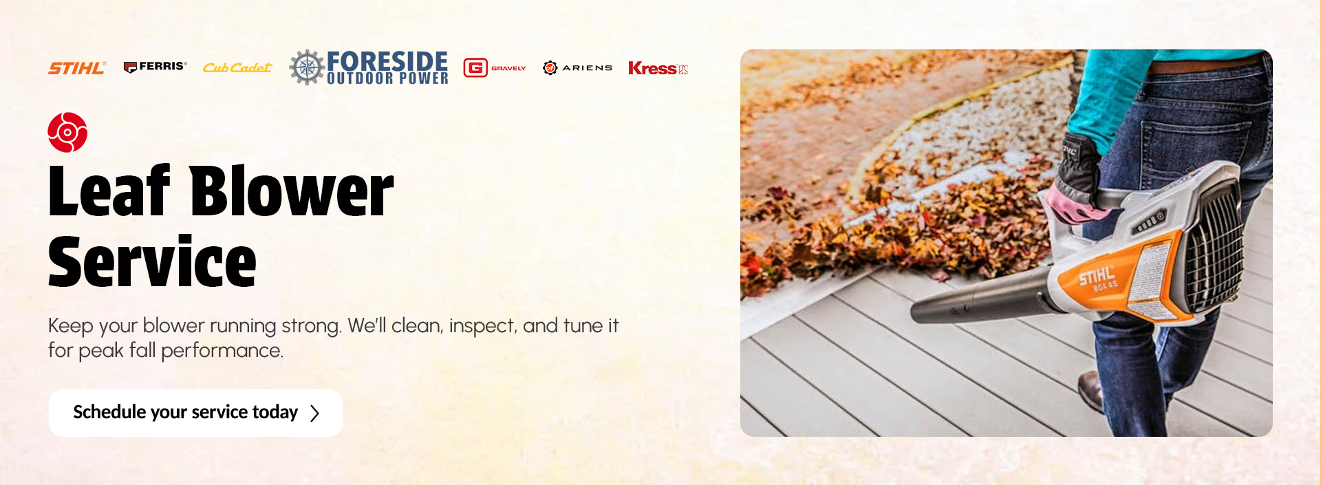 Technician tuning a handheld leaf blower at Foreside Outdoor Power.