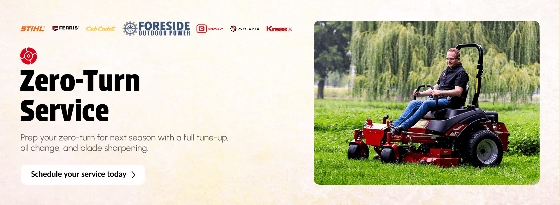 Technician operating a Ferris zero-turn mower during routine maintenance at Foreside Outdoor Power.