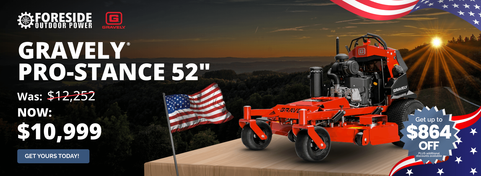Gravely Pro-Stance 52-inch stand-on mower sale at Foreside Outdoor Power for $10,999 with discount offer