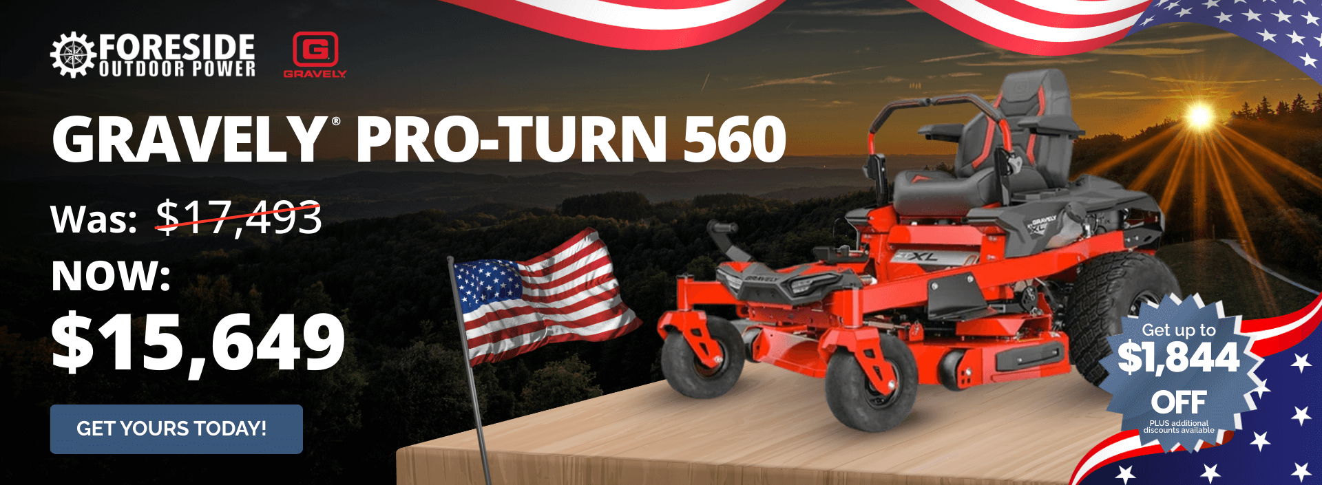 Gravely Pro-Turn 560 zero-turn mower on sale at Foreside Outdoor Power for $15,649 with savings offer