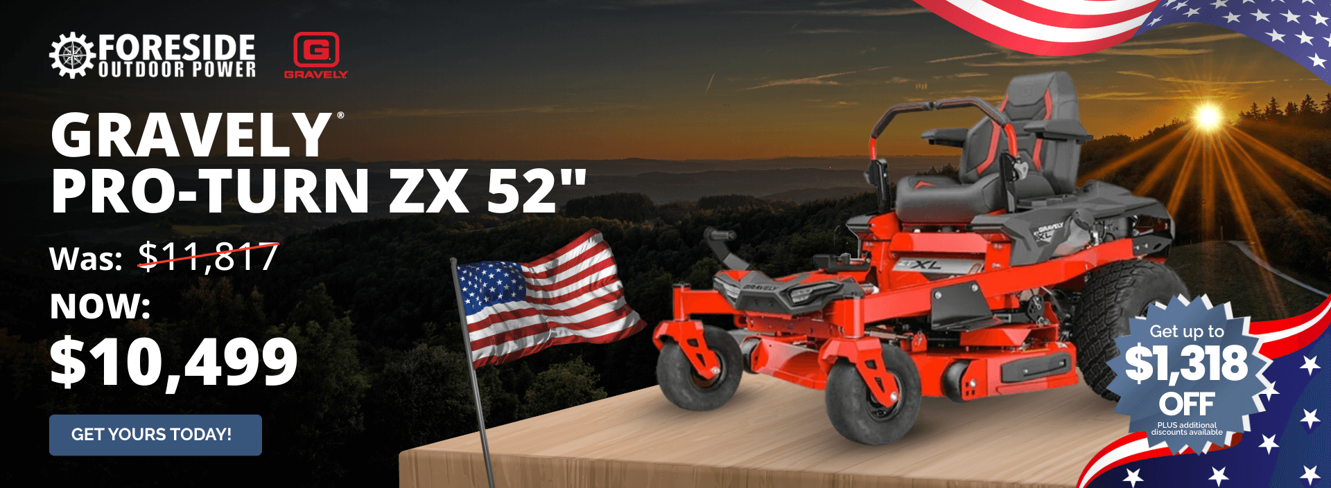 Gravely Pro-Turn ZX 52-inch zero-turn mower promotion at Foreside Outdoor Power with $10,499 sale price