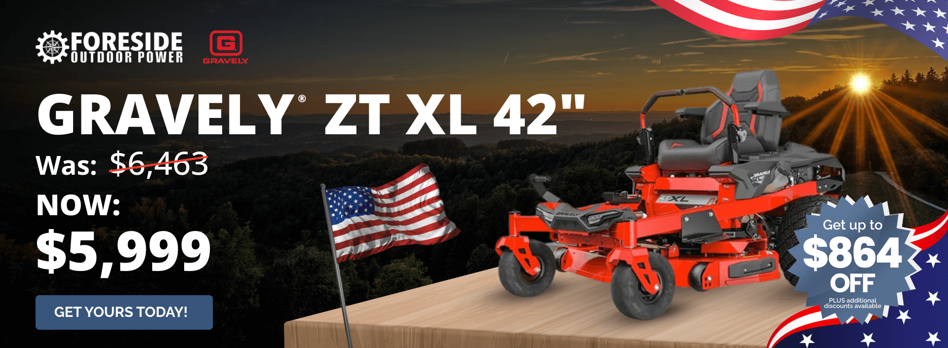 Gravely ZT XL 42-inch zero-turn mower sale at Foreside Outdoor Power with $5,999 price and discount offer